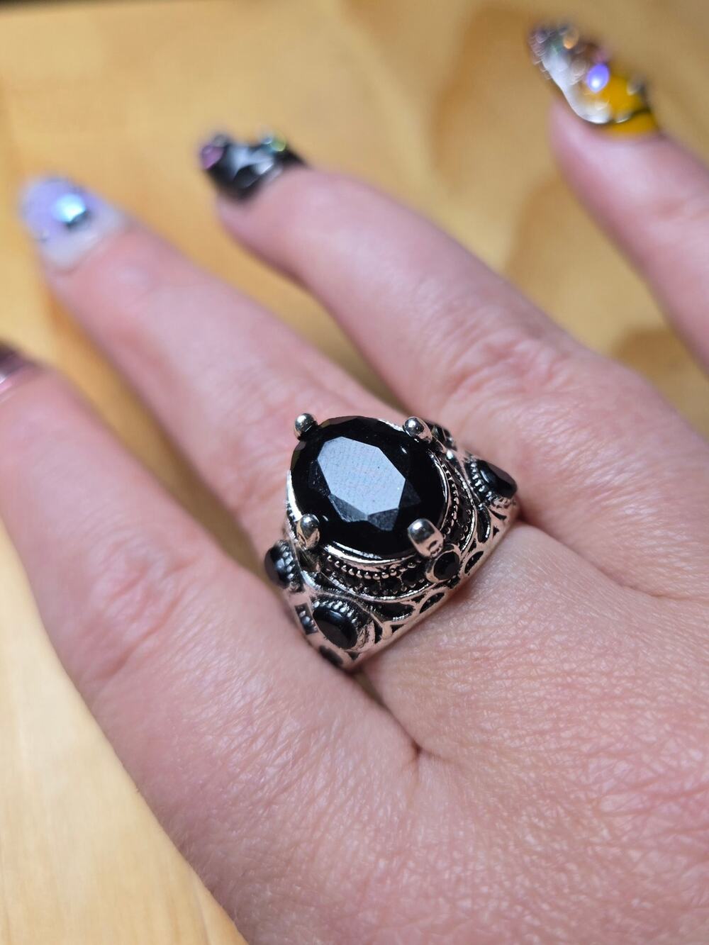 Size 8 Gothic Black Stone Statement Ring Medieval Baroque Style Silver Tone Ring